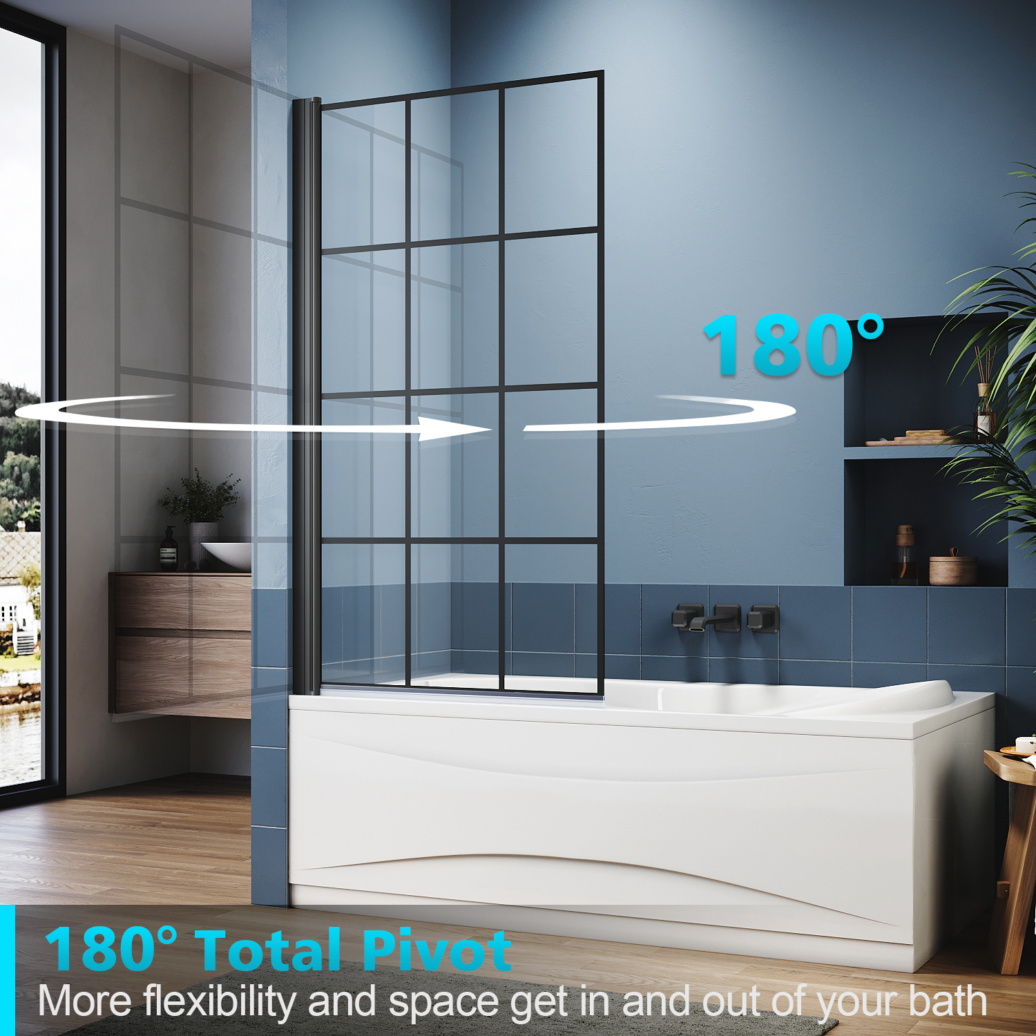 ELEGANT Bath Screen 800x1400mm Framed Matte Black Grid 5mm Safety ...
